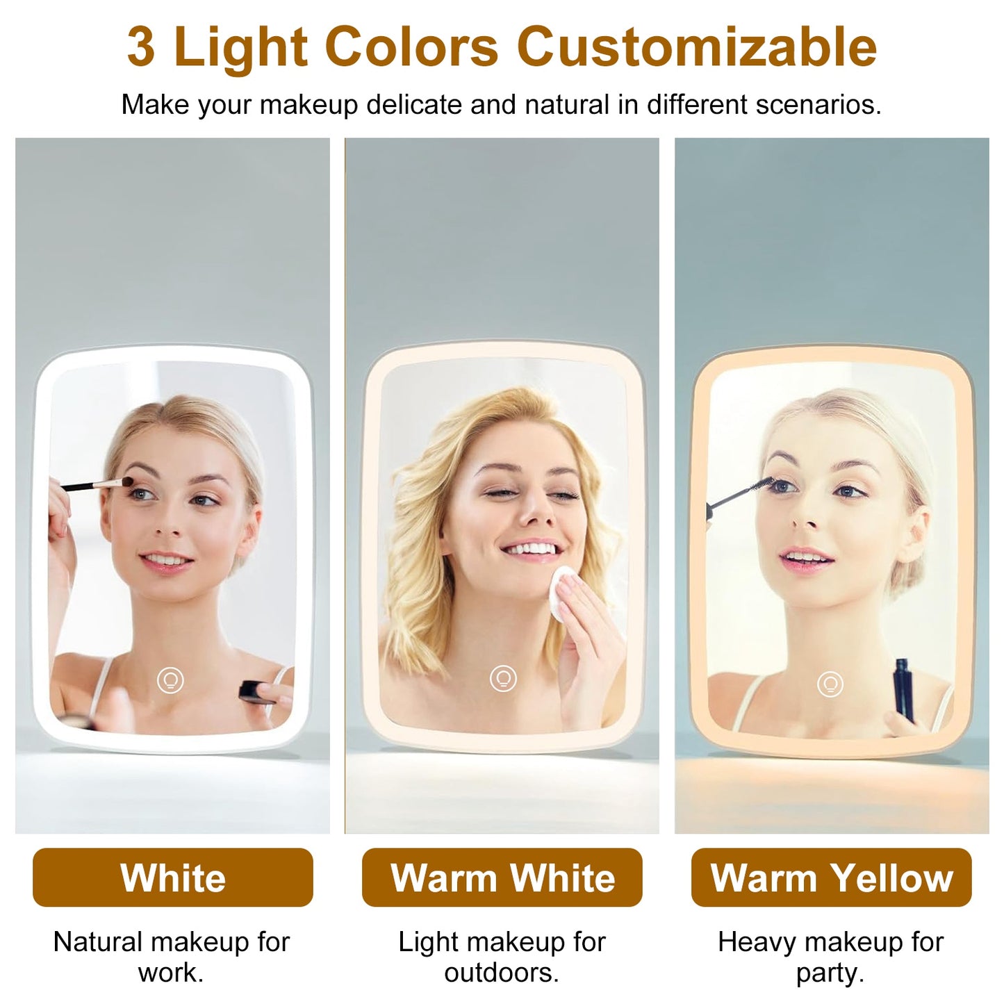 Espejo LED de Maquillaje con 3 Tonos de Luz y Brillo Ajustable (Recargable USB)