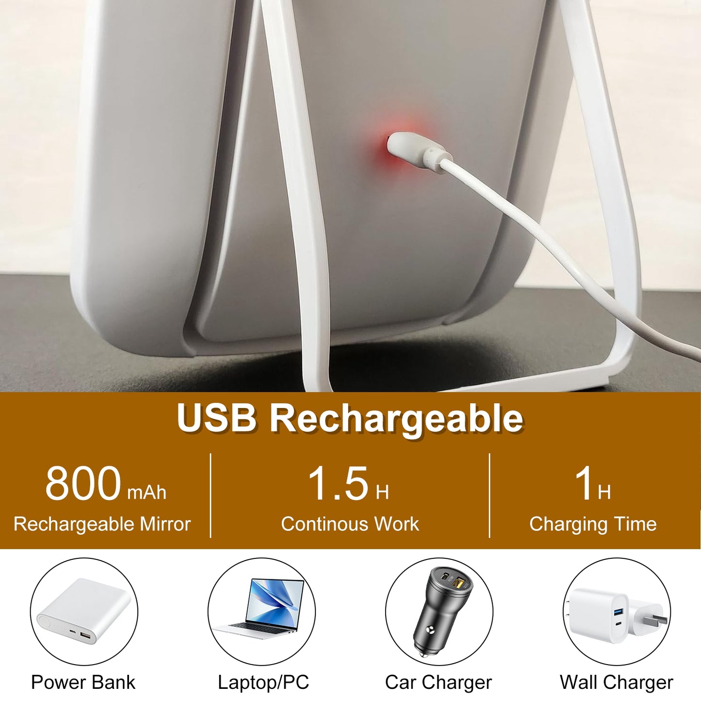 Espejo LED de Maquillaje con 3 Tonos de Luz y Brillo Ajustable (Recargable USB)