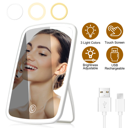 Espejo LED de Maquillaje con 3 Tonos de Luz y Brillo Ajustable (Recargable USB)