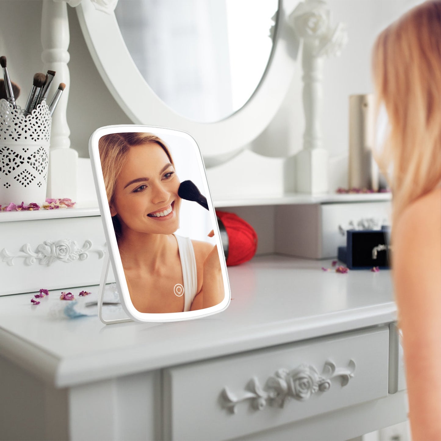 Espejo LED de Maquillaje con 3 Tonos de Luz y Brillo Ajustable (Recargable USB)
